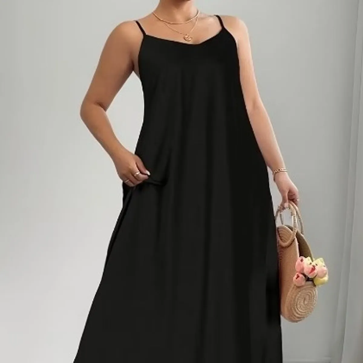 Women's Black Long Maxi Dress With Pockets-Size L