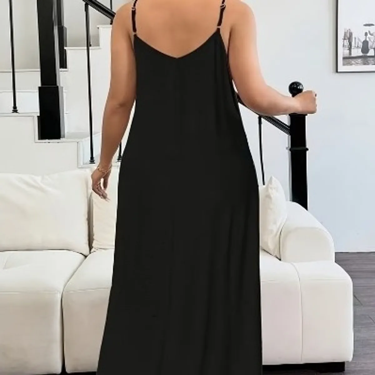 Women's Black Long Maxi Dress With Pockets-Size L
