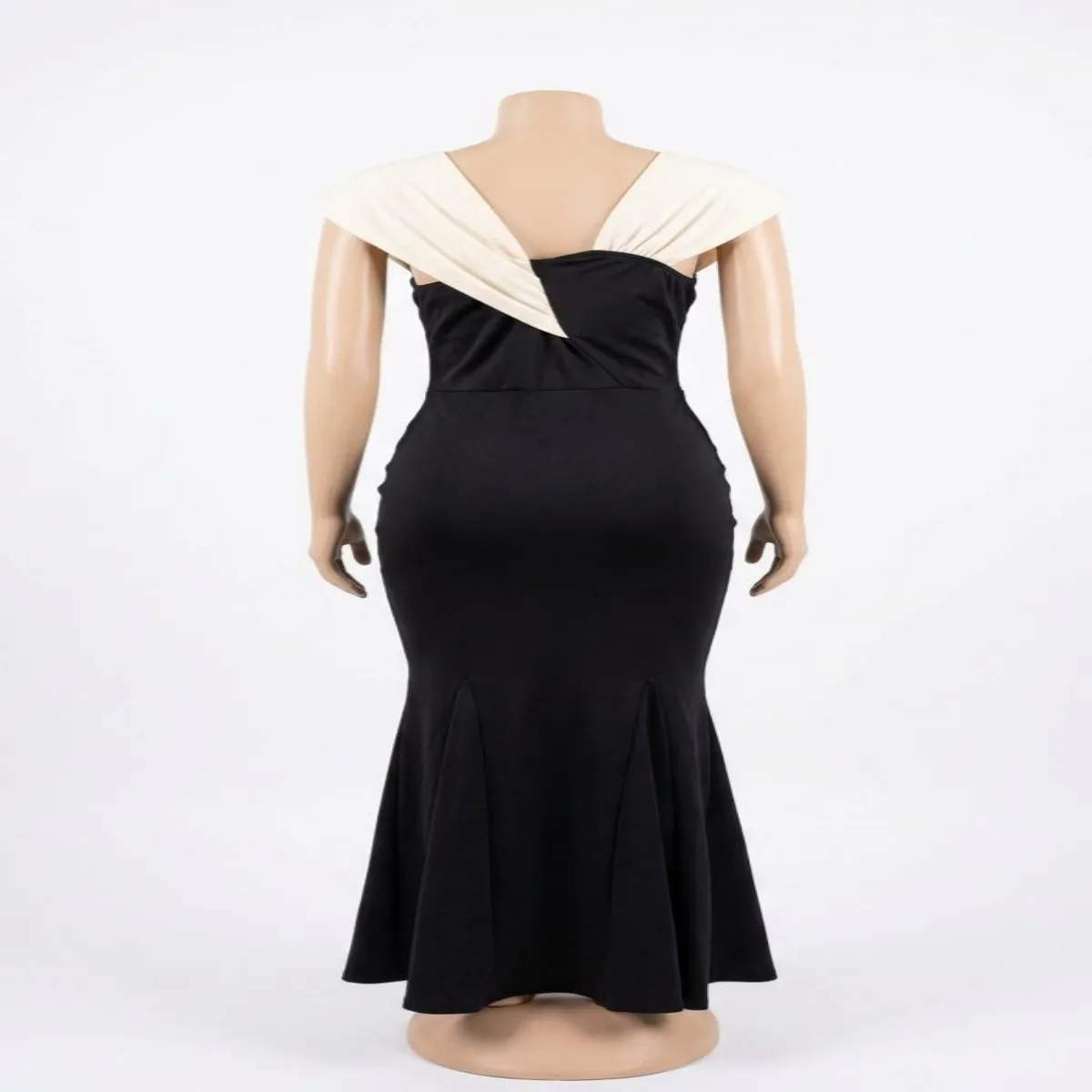 Women’s Cream/Black Wrap-Front Sleeveless Trumpet Dress  -Size S