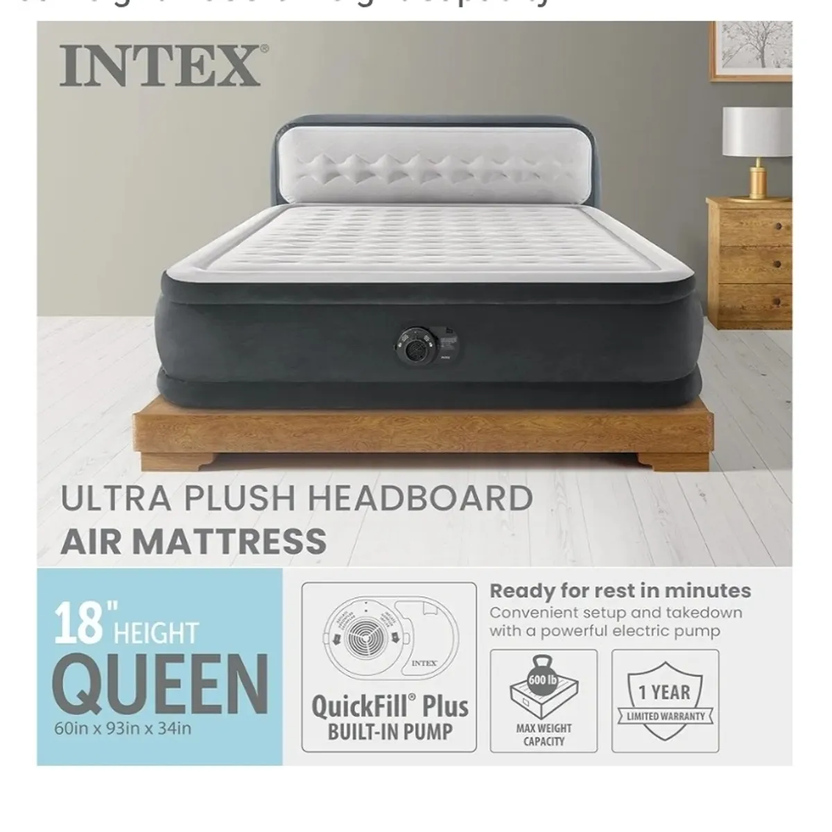 Intex 64447ED Dura-Beam Deluxe Ultra Plush Air Mattress with Headboard: Fiber-Tech – Queen Size – Built-in Electric Pump – 18in Bed Height – 600lb Weight Capacity