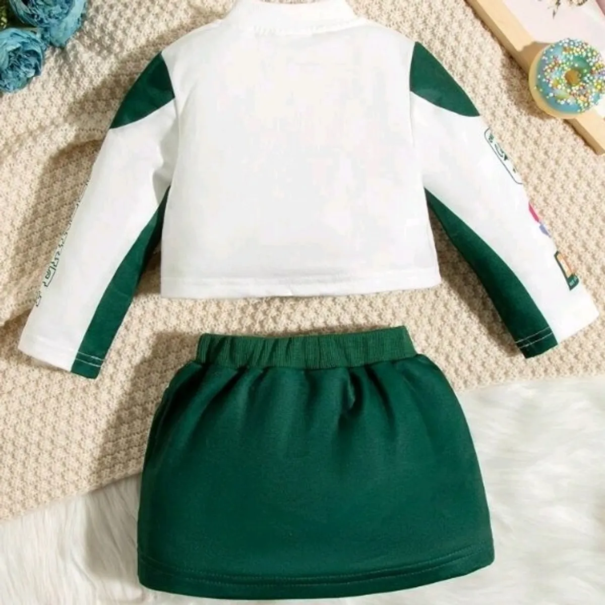 Girls' Green & White Letter Printed Jacket And Skirt Set-Size 12-18 M