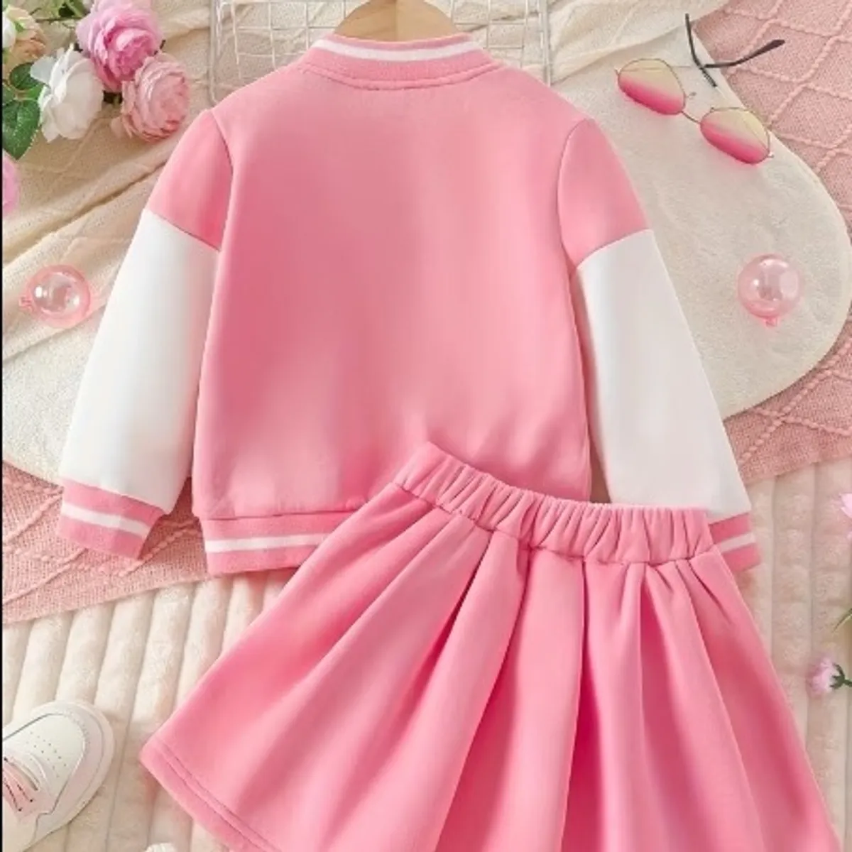 Girls' Letter Print Long Sleeve Casual Baseball Jacket and Pleated Skirt Set-Size 12-18 M