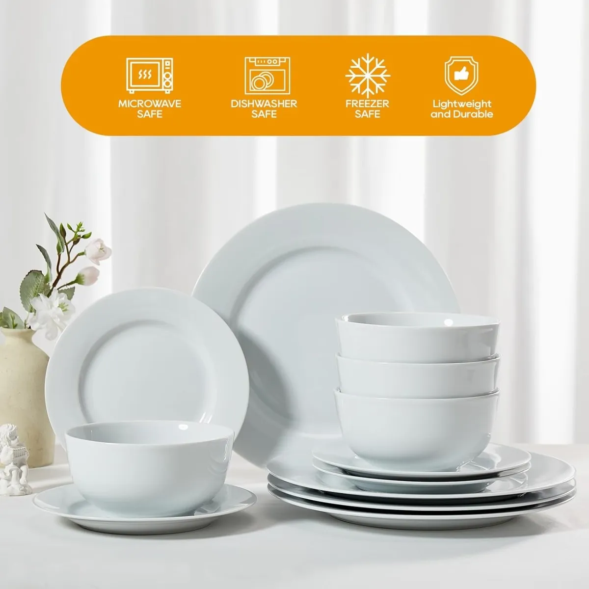 16 Pieces Plates and Bowls Sets, White Porcelain Dinnerware Sets