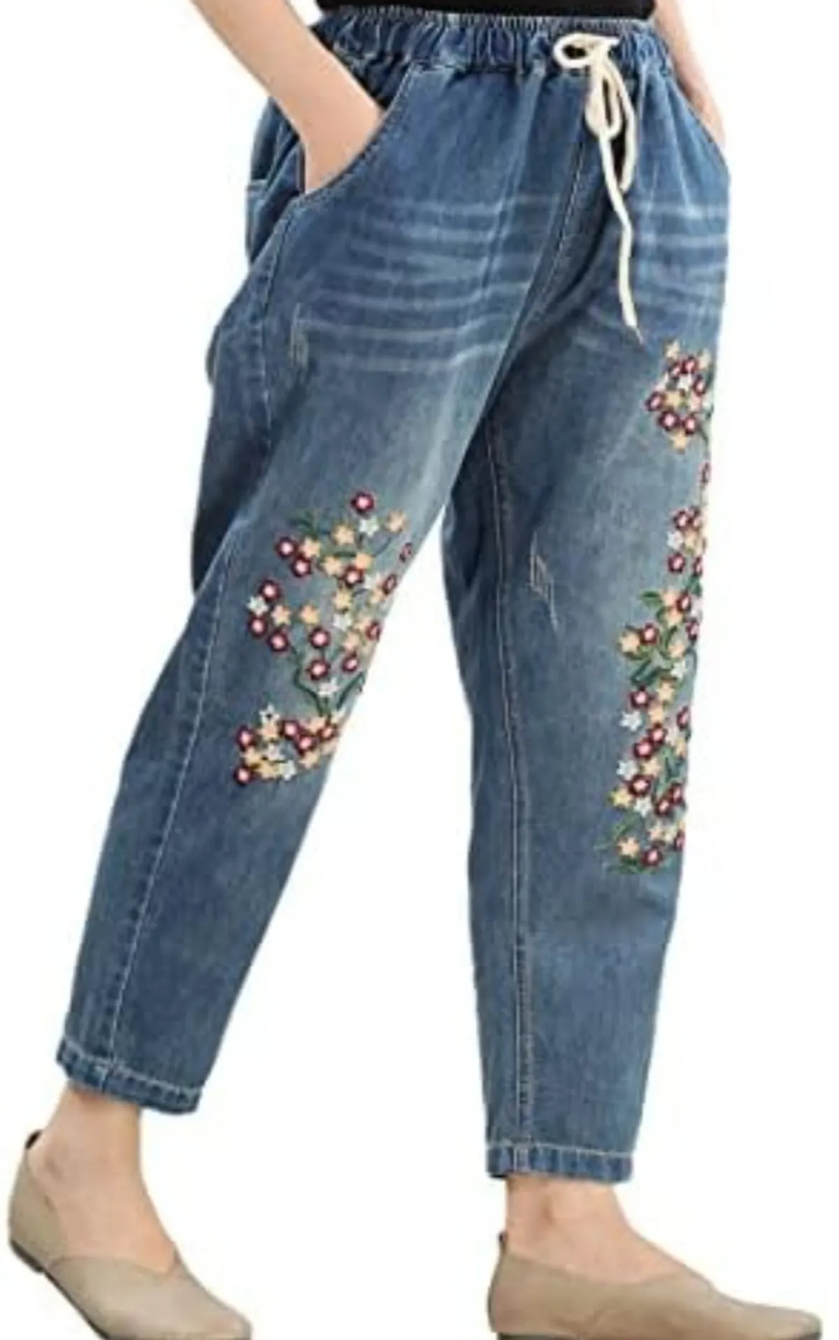 Womens Soft Floral Jeans Features: Elastic Waist with Drawstring, Pull-On-Closure-    Size 2XL