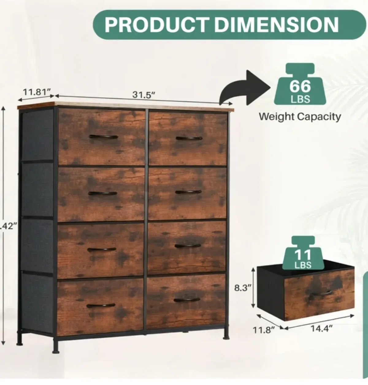 Double Dresser With 8 Fabric Drawers, Bedroom Lightweight Dressers  ( Colour Rust)