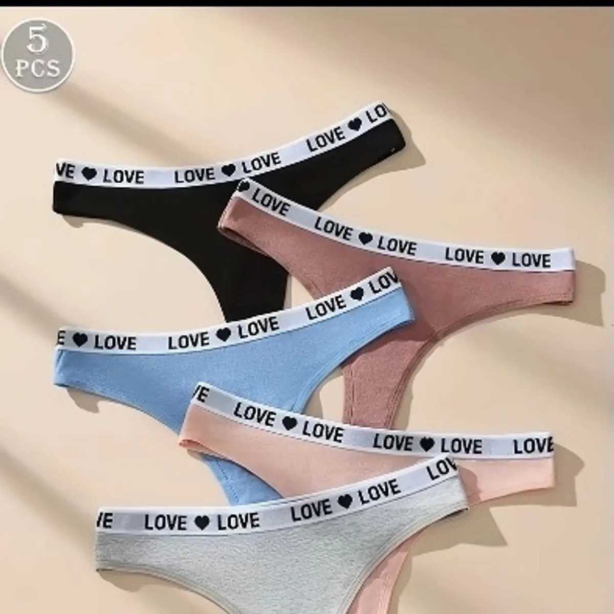 5pcs Women's  Love Printed Thong-Size M