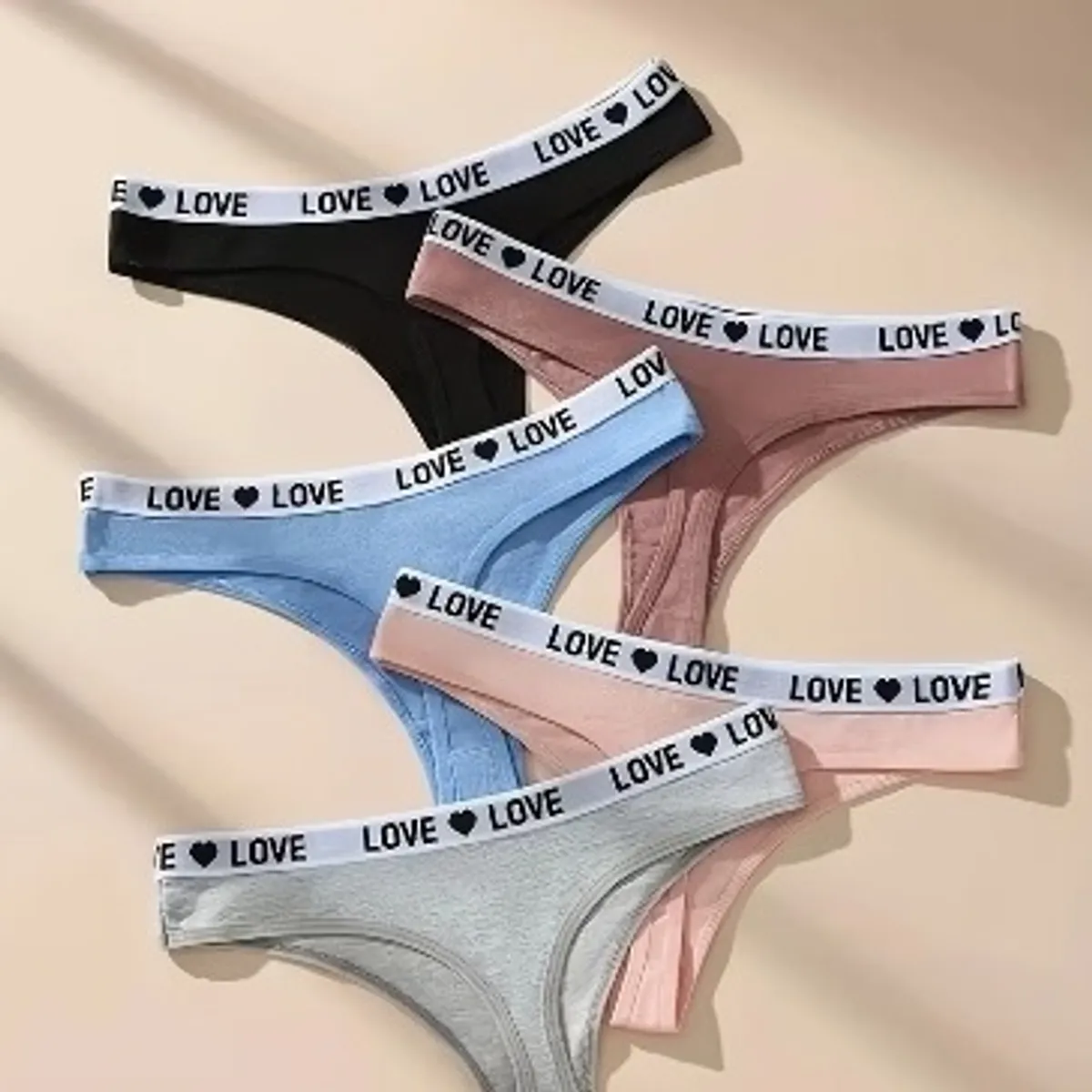 5pcs Women's  Love Printed Thong-Size M