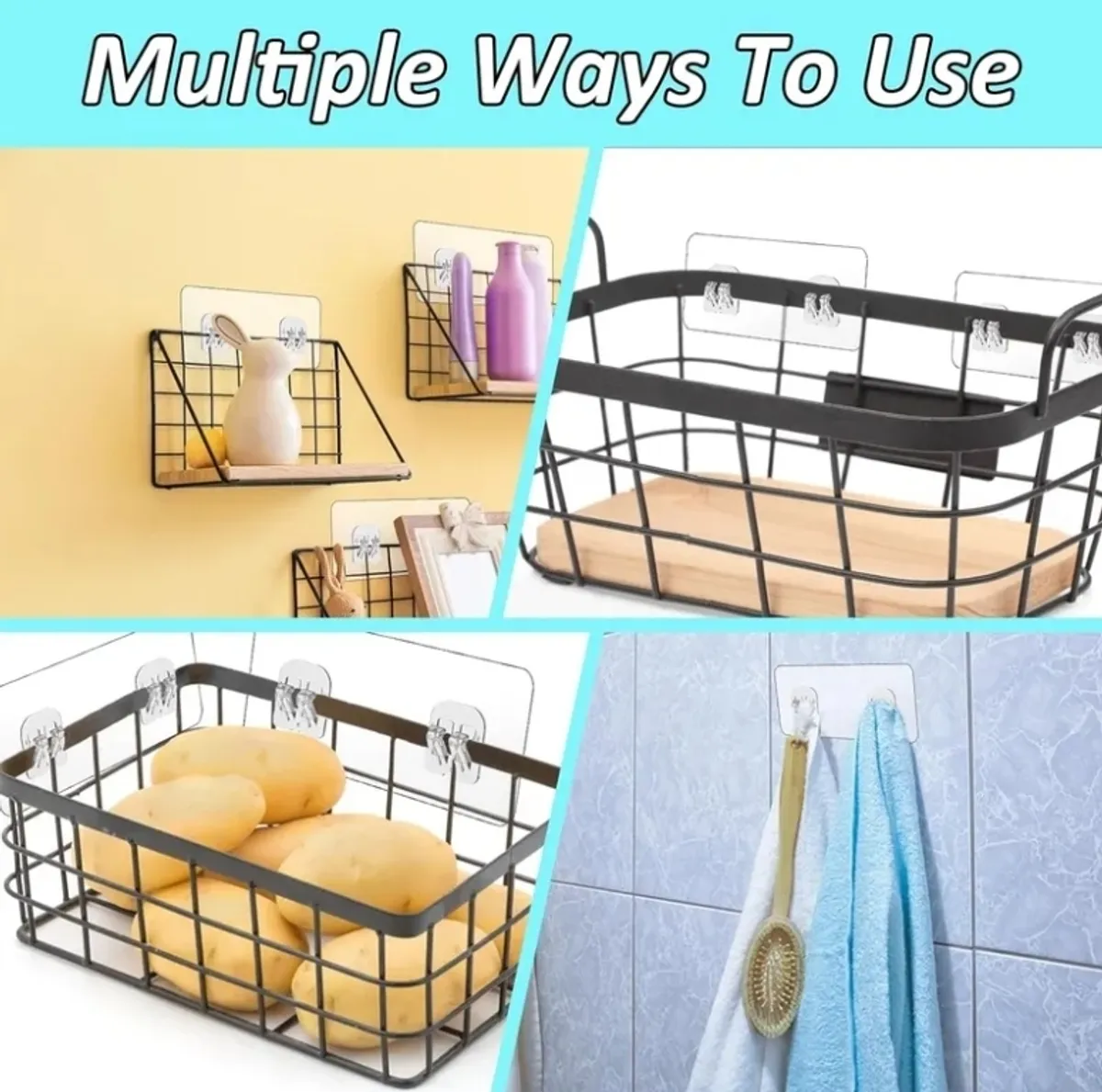 4 Adhesive Hooks, Shower Tape, Strong No-Drill Double Hooks