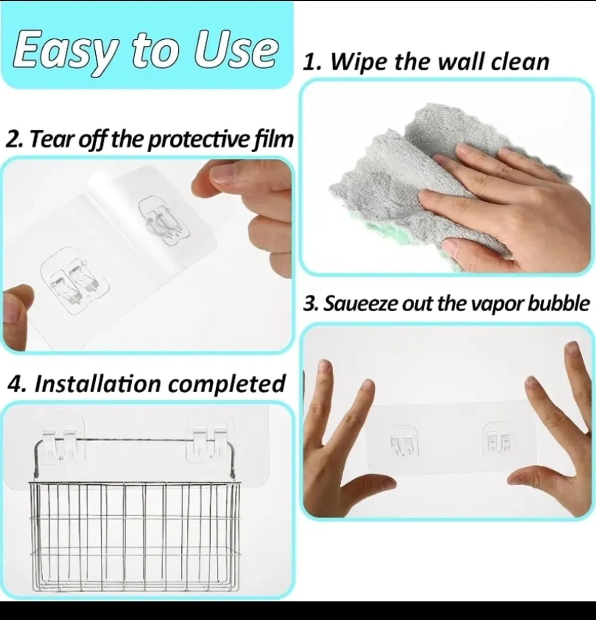 4 Adhesive Hooks, Shower Tape, Strong No-Drill Double Hooks