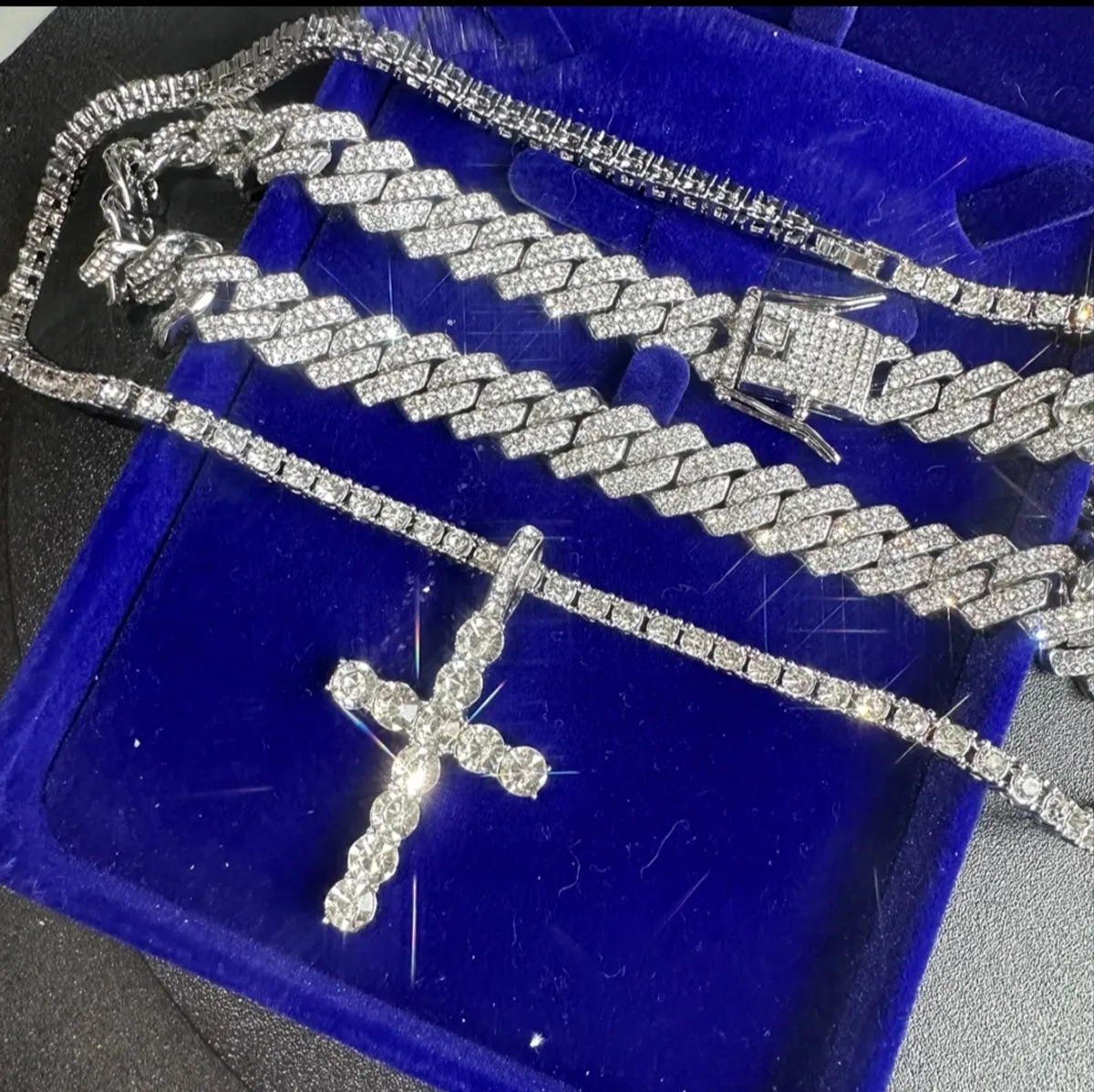 2PCS Punk Crystal Featuring Cross Pendant ,Chain Iced Out Link Necklace For Men