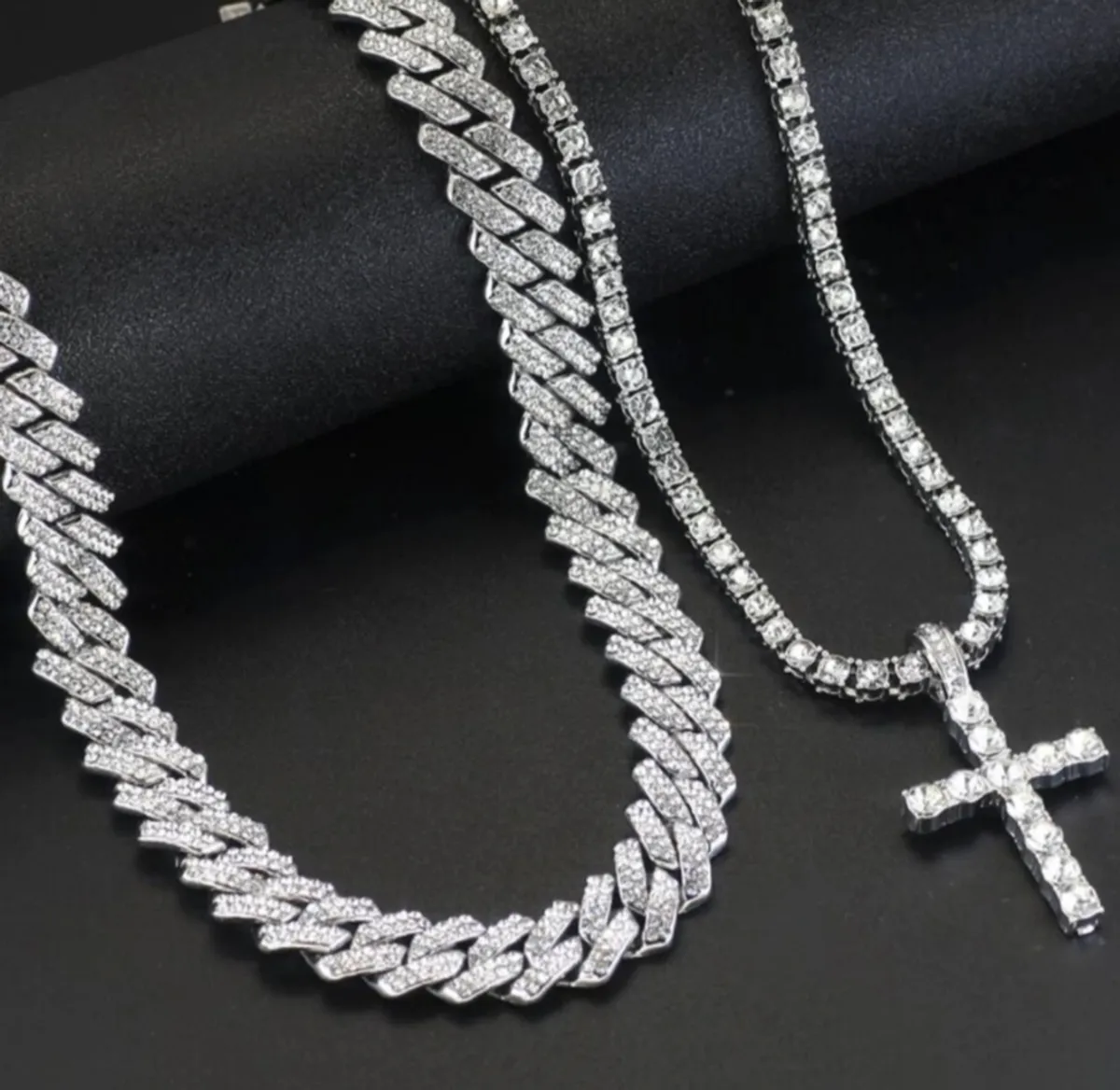 2PCS Punk Crystal Featuring Cross Pendant ,Chain Iced Out Link Necklace For Men
