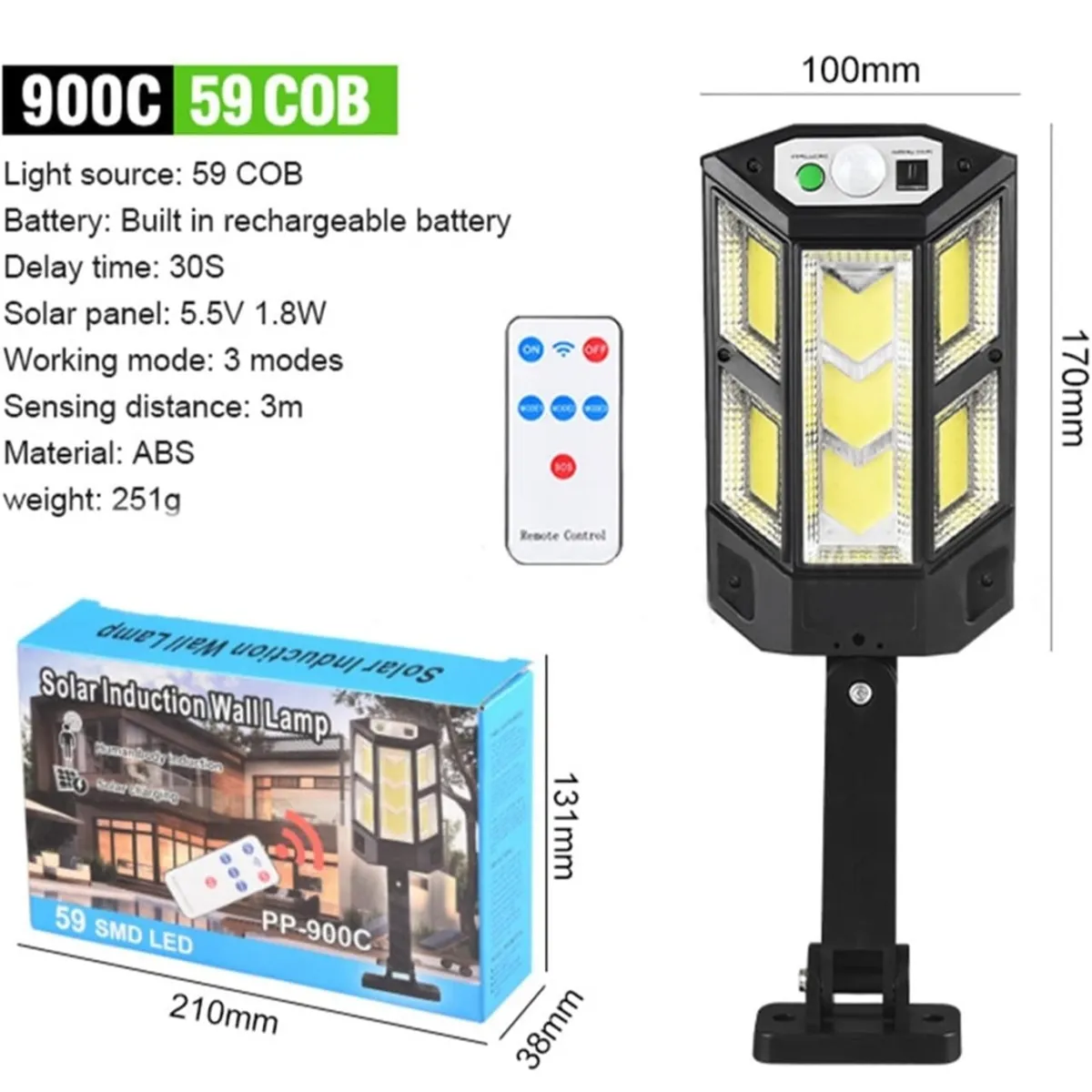 Solar LED Street Lamp Outdoor Solar Lights 3 Lighting Modes Motion Sensor Wall Lamp Security Lighting for Home Garden Patio (Color : 59COB)