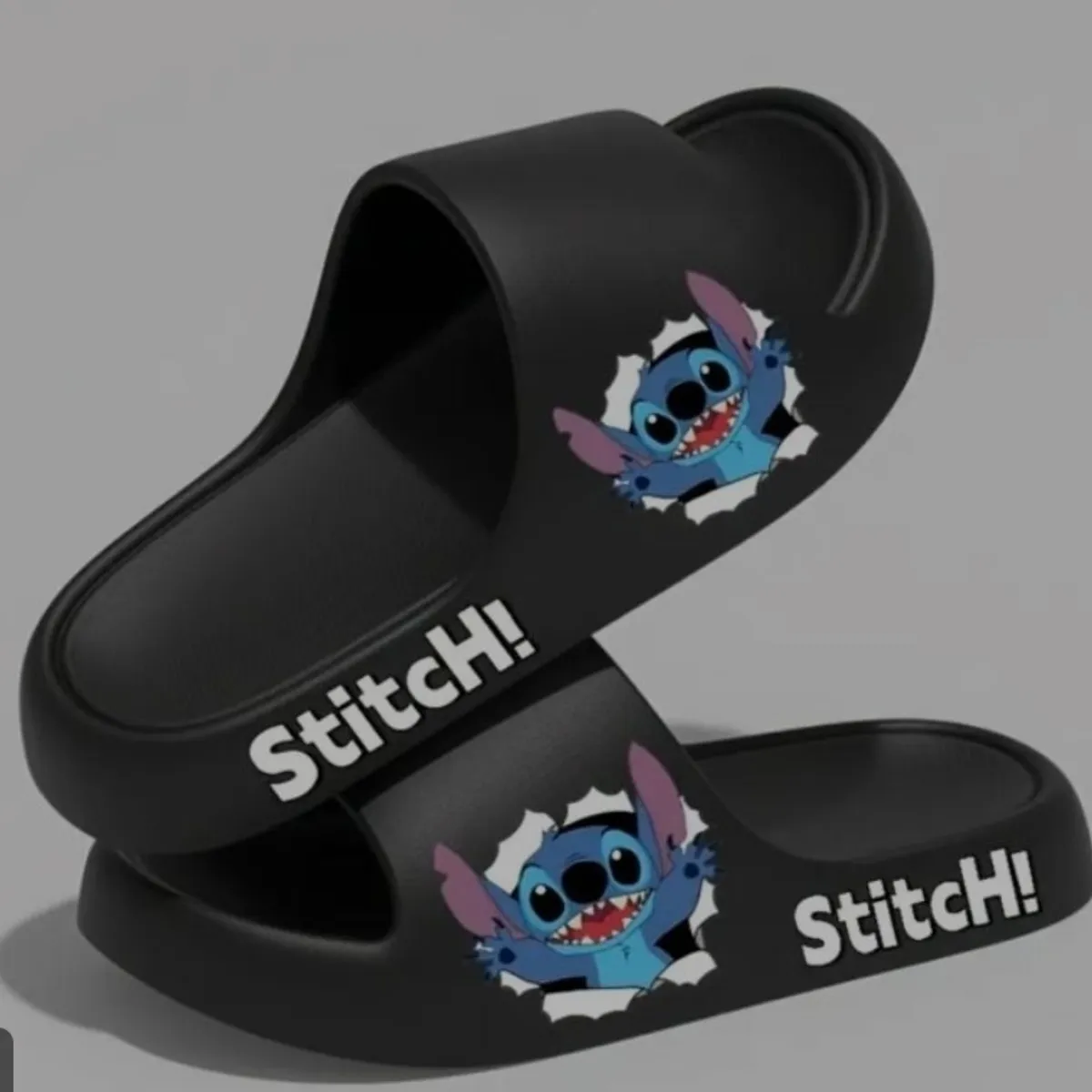 Men's Black Slide Slippers Feature a character graphic inspired by Stitch from Disney's-Size 9/9.5