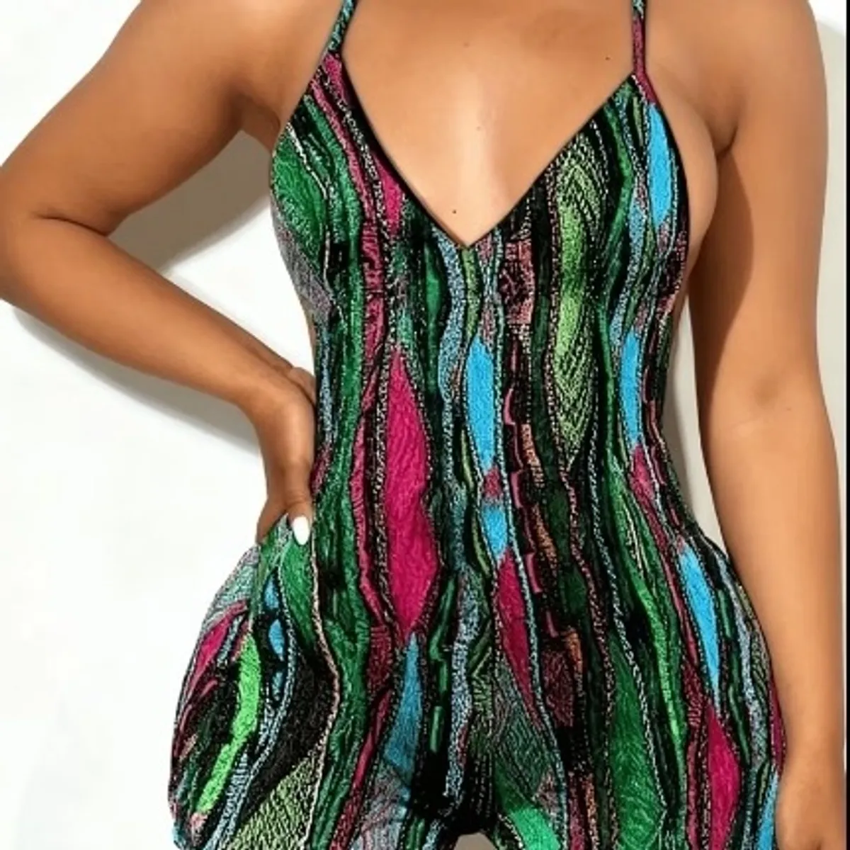 Women's  Multi-Color Halter Backless V-Neck Romper-Size XS