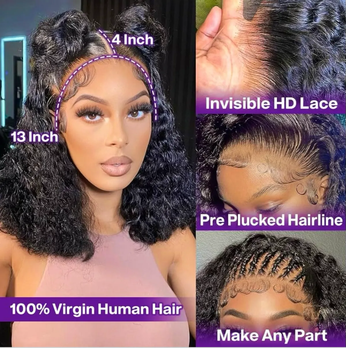 14-inch Deep Wave Bob Wig Human Hair 13x4 HD 180% Density Curly Lace Front Pre-Plucked Wear And Glueless Short Curly Frontal Bob Wigs For Black Women Wet And Wavy.