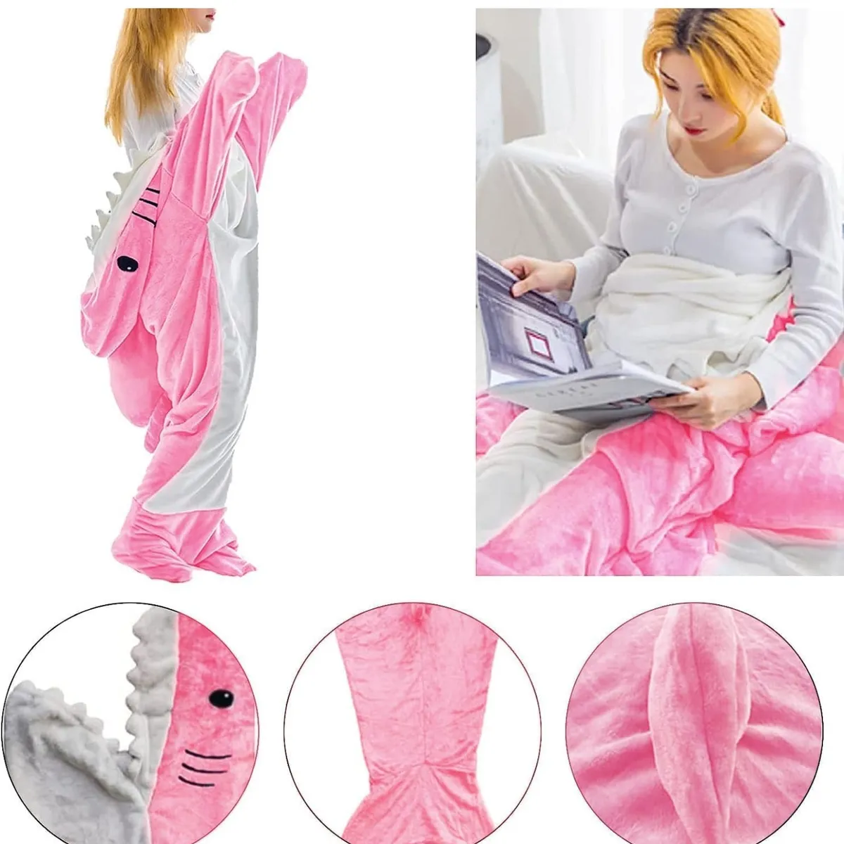 Shark Blanket Hoodie Adult,Pink Wearable Flannel Shark Tail Hoodie Onesie with Hood - Size: L