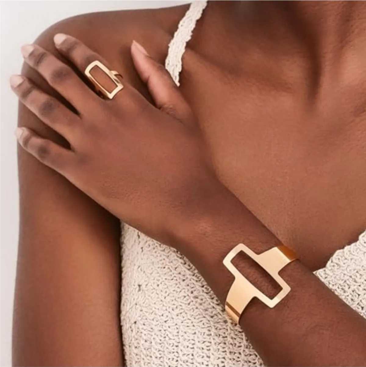 Geometric Open Cuff Bracelet and Rings Set Featuring Hollow Designs Adjustable Open Jewelry