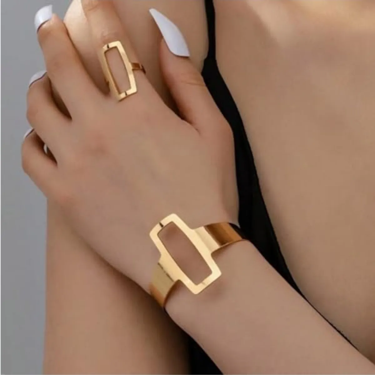 Geometric Open Cuff Bracelet and Rings Set Featuring Hollow Designs Adjustable Open Jewelry