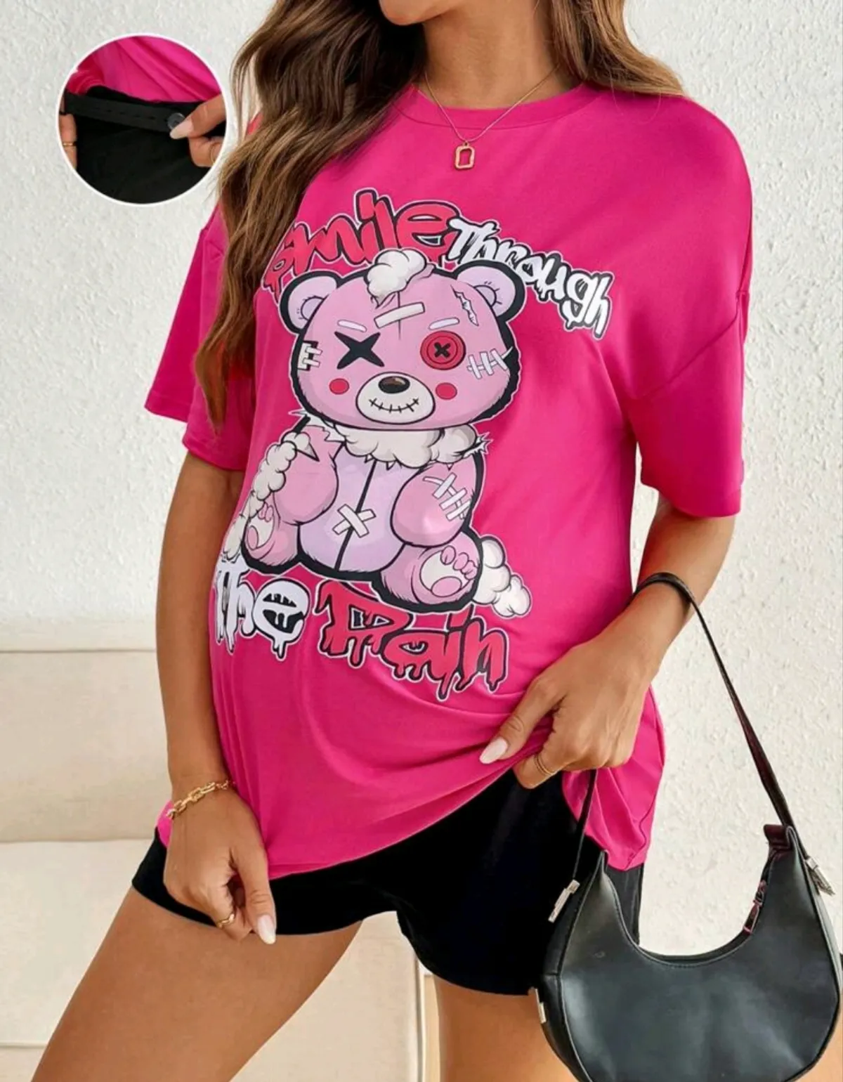 1PC Girls Cool Ripped Bear Print Short Sleeve T - Shirt, Soft Skin - Size M