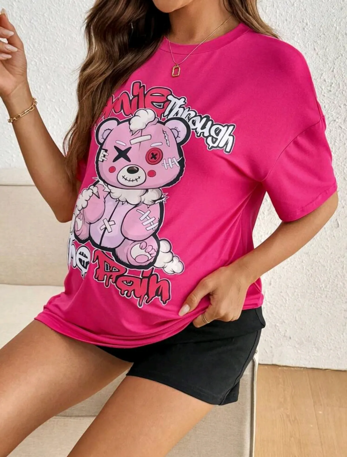 1PC Girls Cool Ripped Bear Print Short Sleeve T - Shirt, Soft Skin - Size M