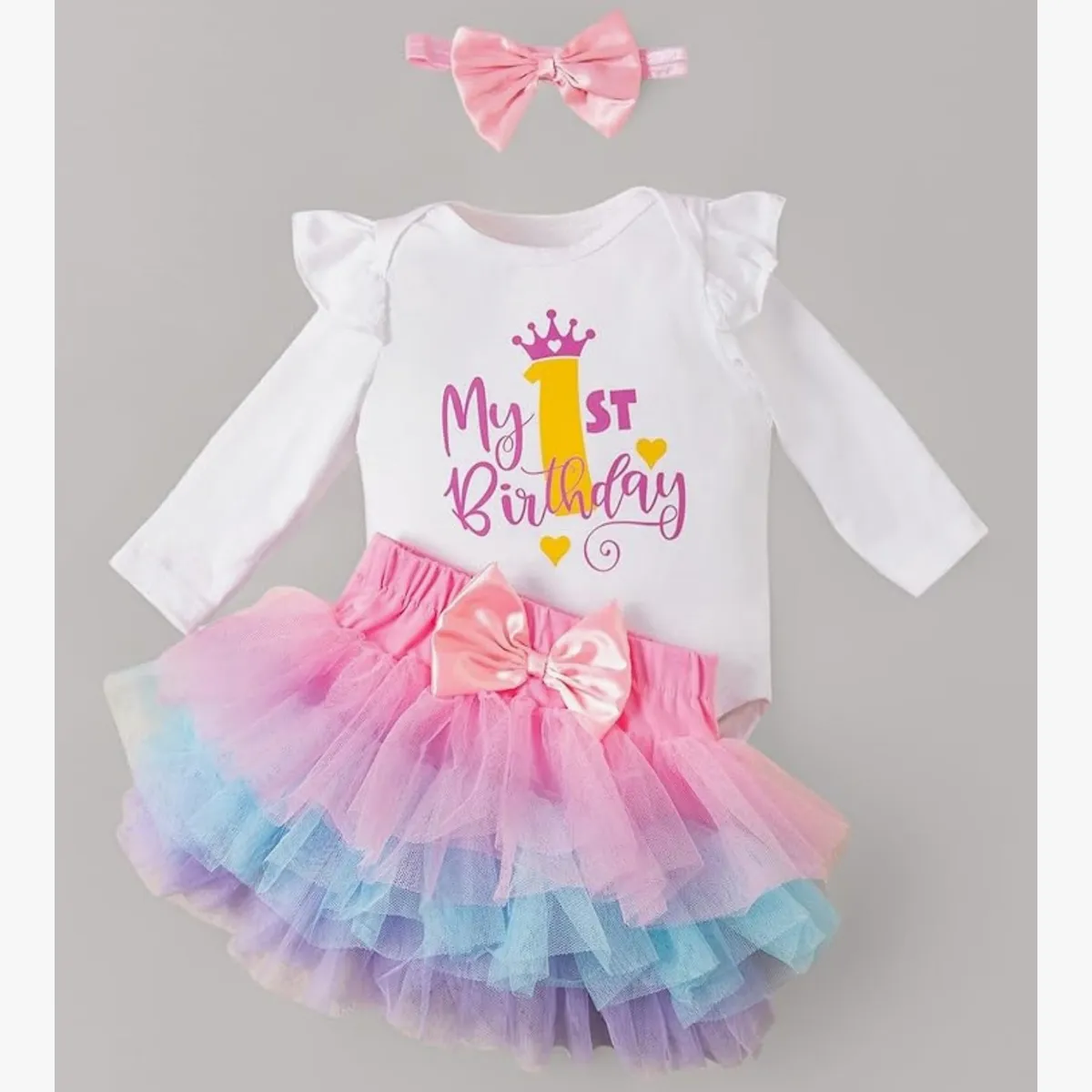 Winmany Baby Girl 1st Birthday Tutu Skirt Set Long Sleeve Playsuit - Size: 6-9M