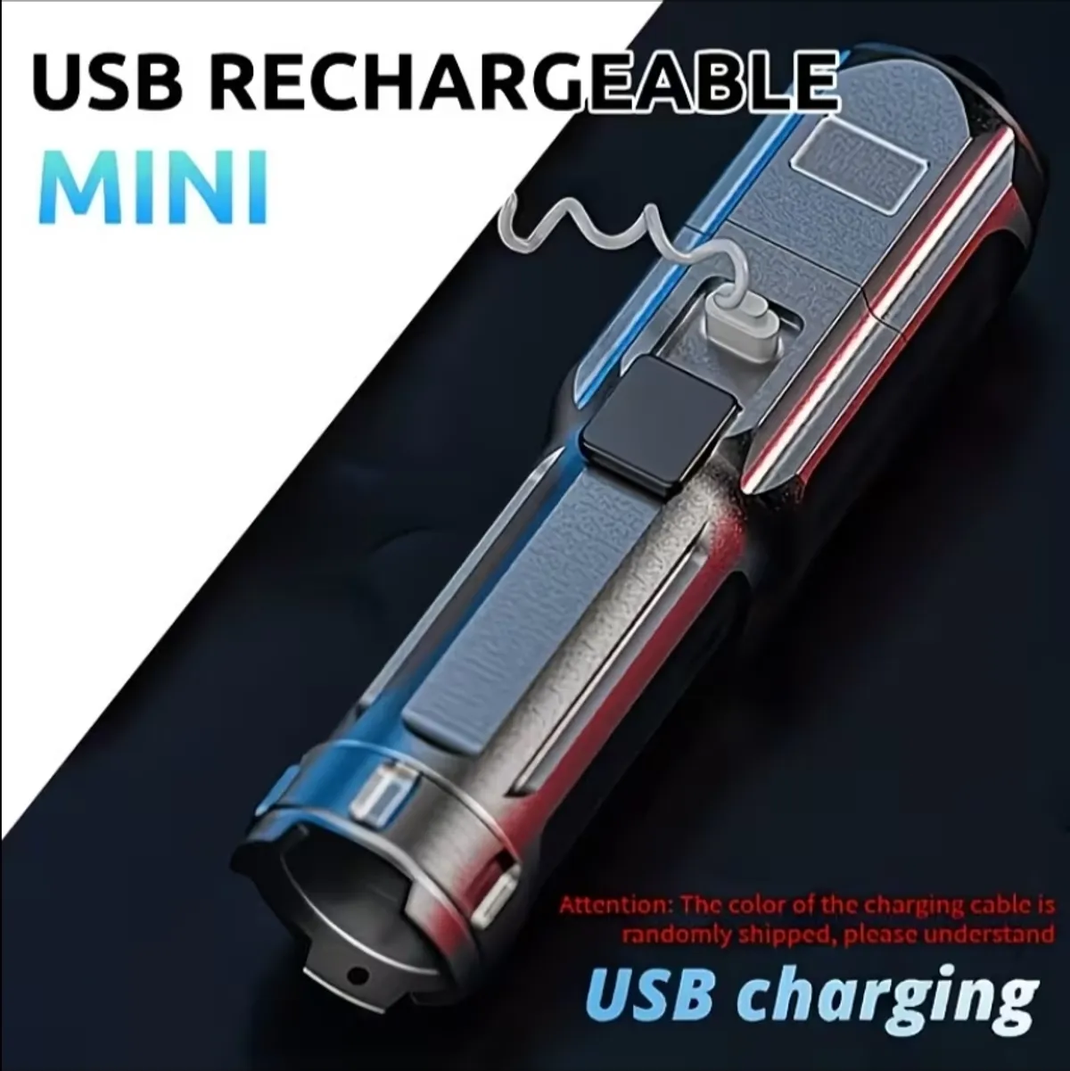1pc Bright LED Flashlight, Variable Zoom Handheld Flashlights, USB Rechargeable Handheld Torch, Plastic Material, 3 Modes - Super Bright Flash Light