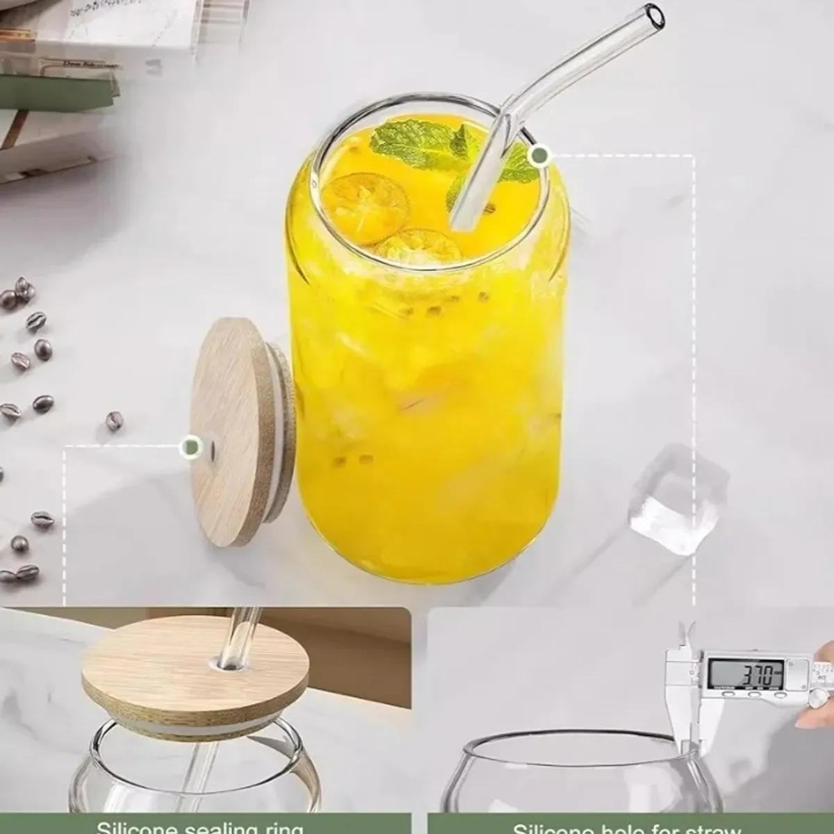 6pcs Glasses with Bamboo Lids and Glass Straws