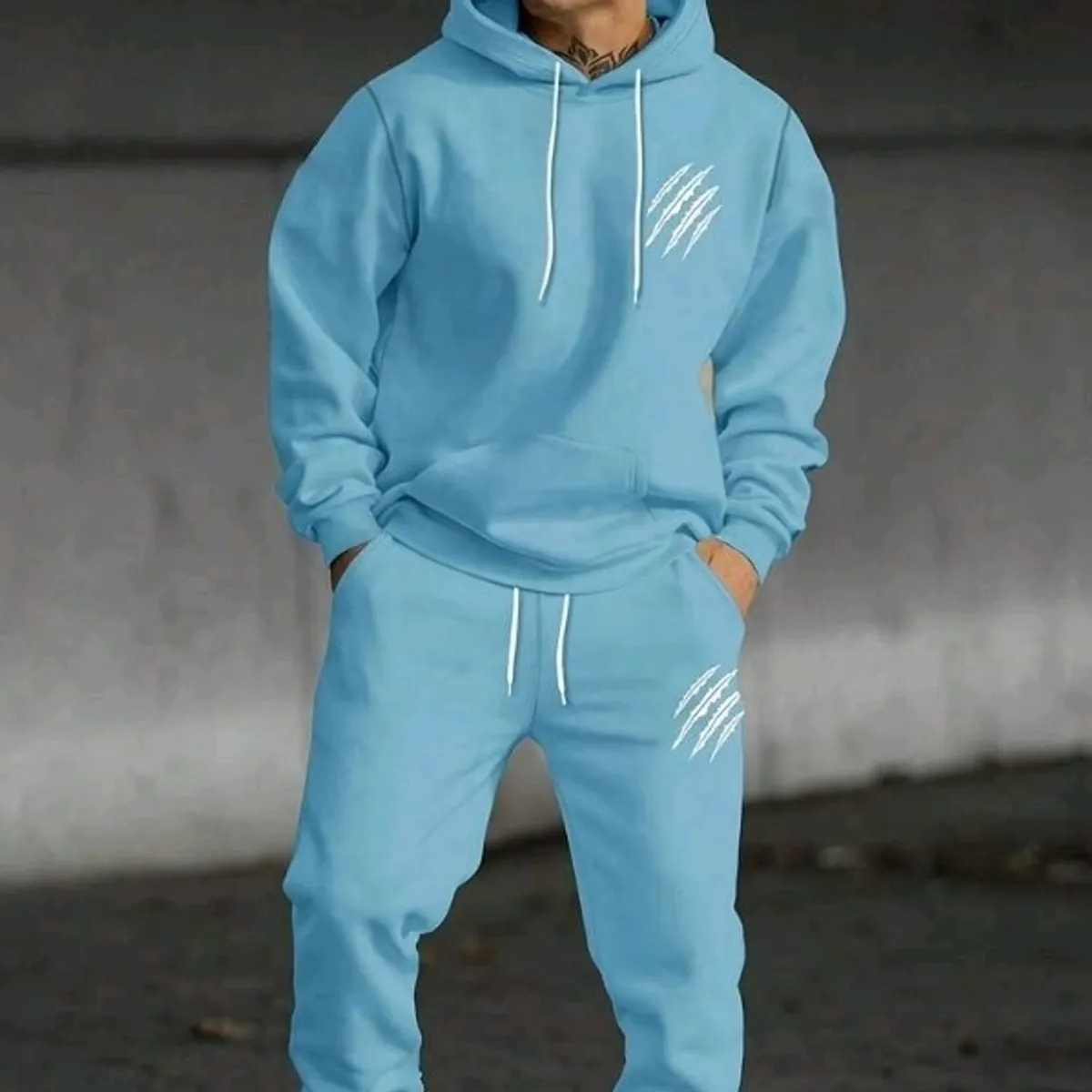 Men's  Light Blue Hoodie Set-Size M