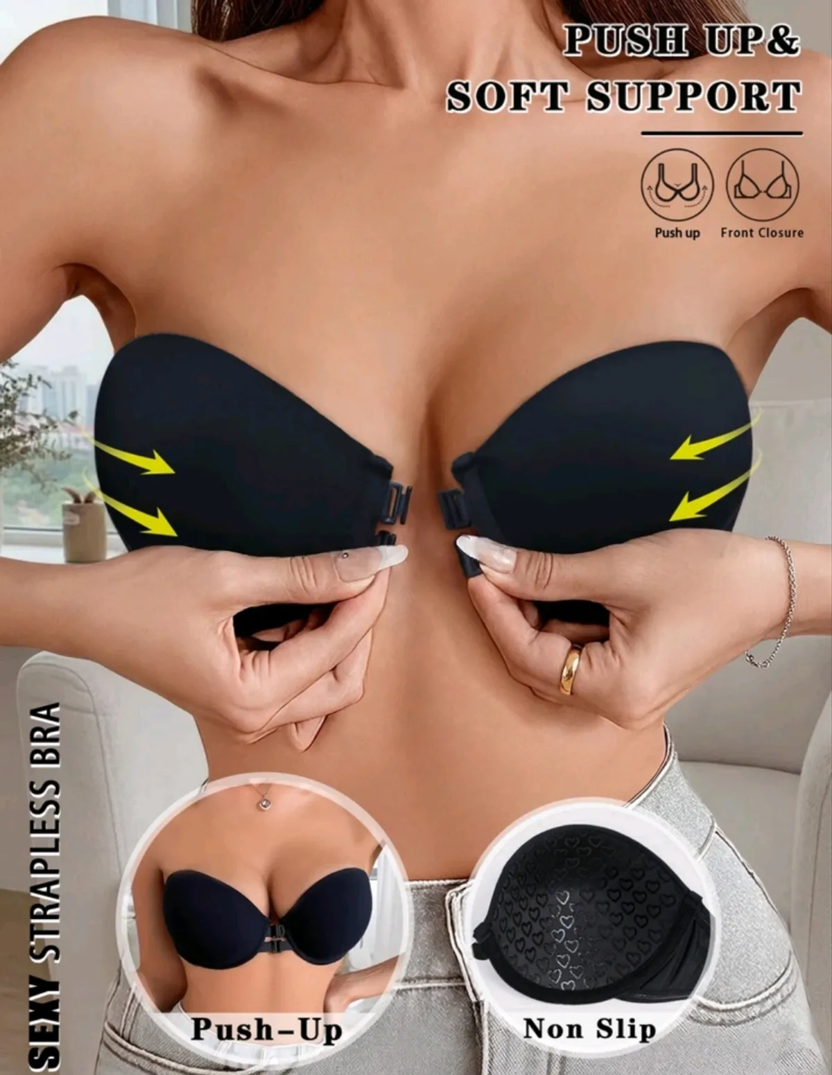 Black Strapless Bra Front Closure Push Up Bras For Women Heart Pattern Cup Backless Anti-Exposure Underwire Bra - Size S