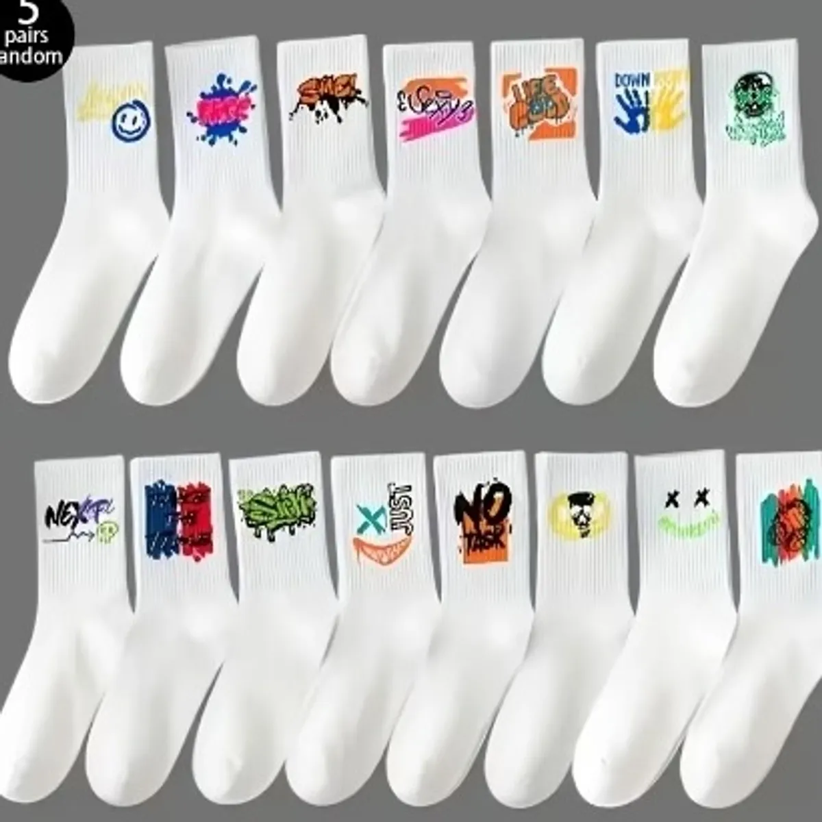 10-Pack Random Assortment Black and White Unisex Abstract Graffiti Casual Comfortable Mid-Calf Socks