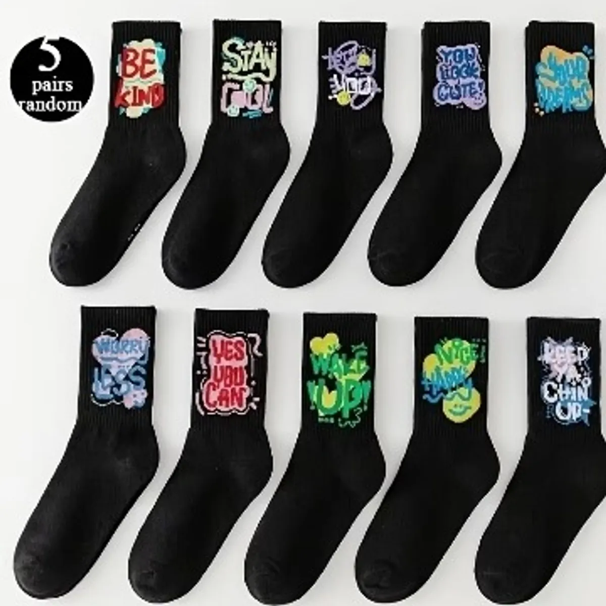 10-Pack Random Assortment Black and White Unisex Abstract Graffiti Casual Comfortable Mid-Calf Socks