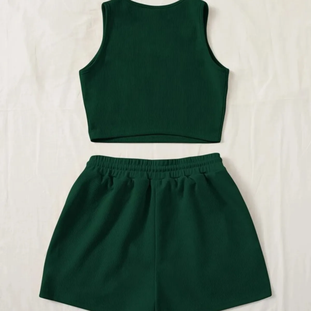 Women Solid Color Knit Tank Top And Elastic Waist Shorts Set - Size: L