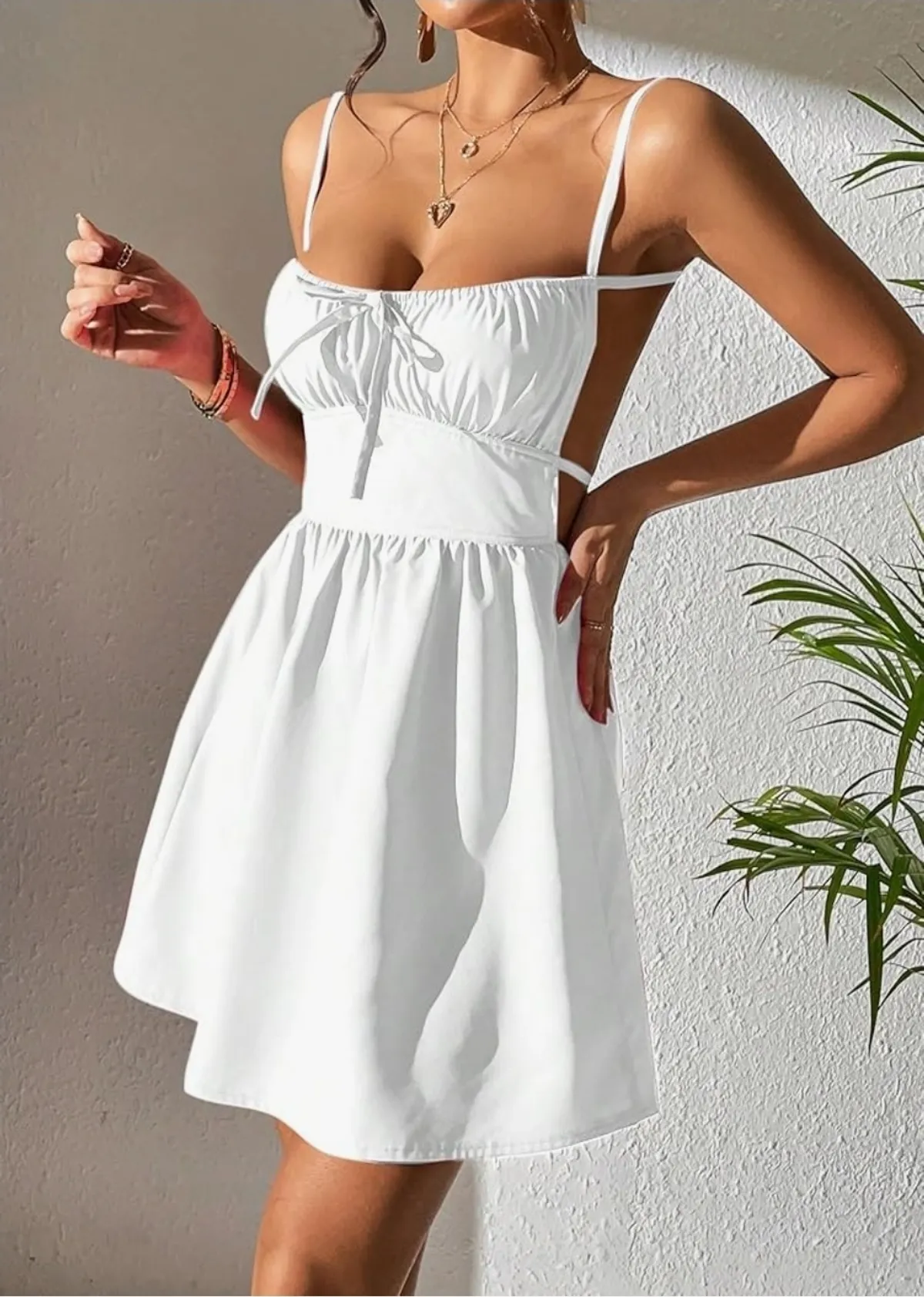 Women's Summer Tie Front Ruched Bust Cami Short Dress High Waist Backless Knot Sexy Dress - Size Petite XS
