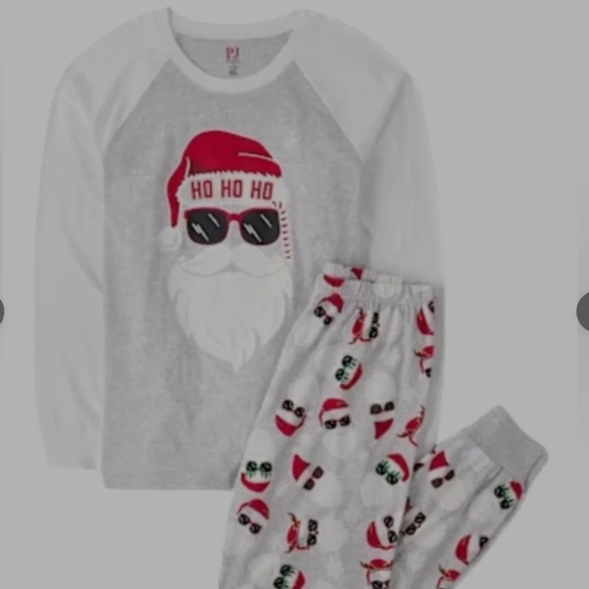 The Children's Place, featuring a Gray Top with a Graphic of Santa Claus wearing Sunglasses and patterned Bottoms Covered, Med