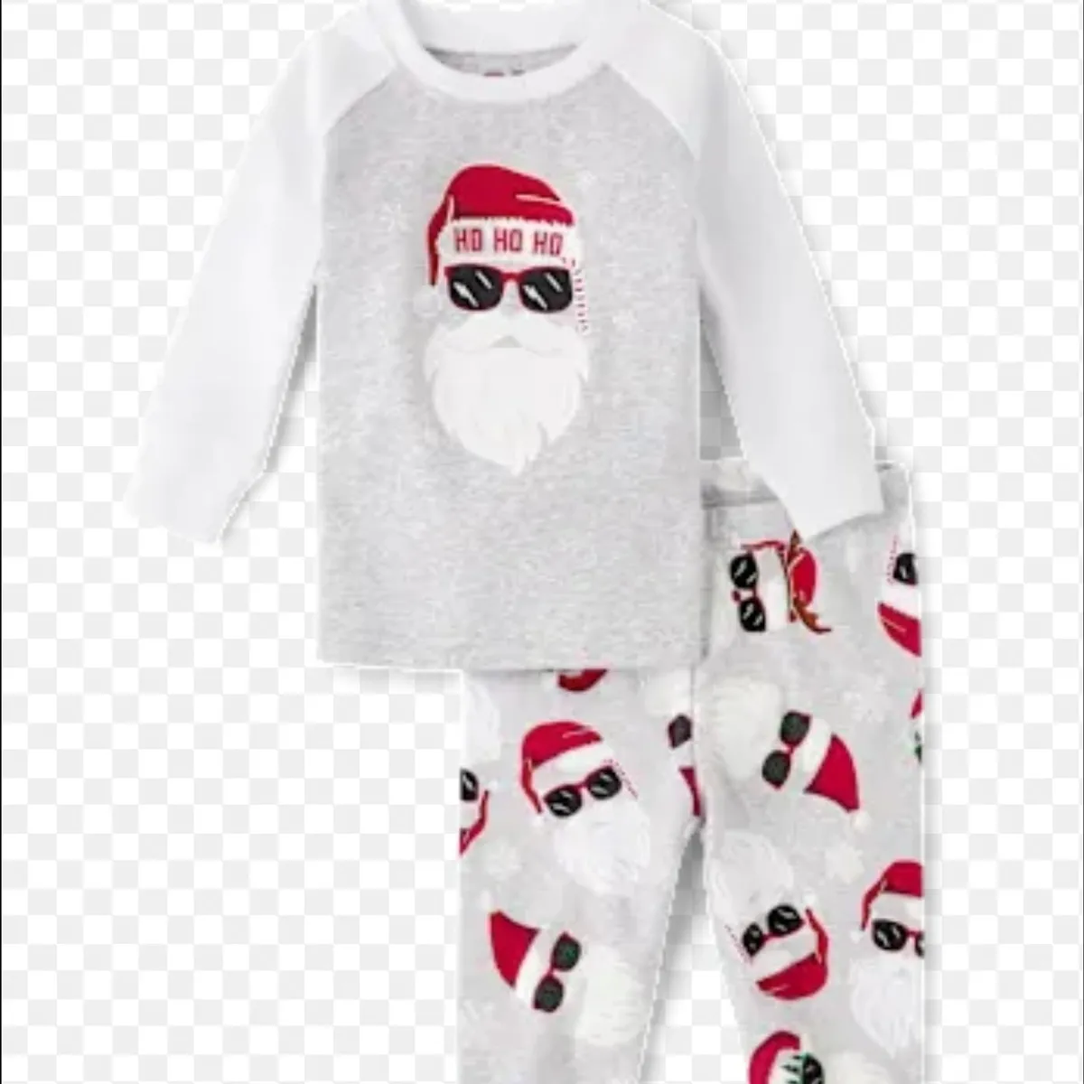 The Children's Place, featuring a Gray Top with a Graphic of Santa Claus wearing Sunglasses and patterned Bottoms Covered, Med