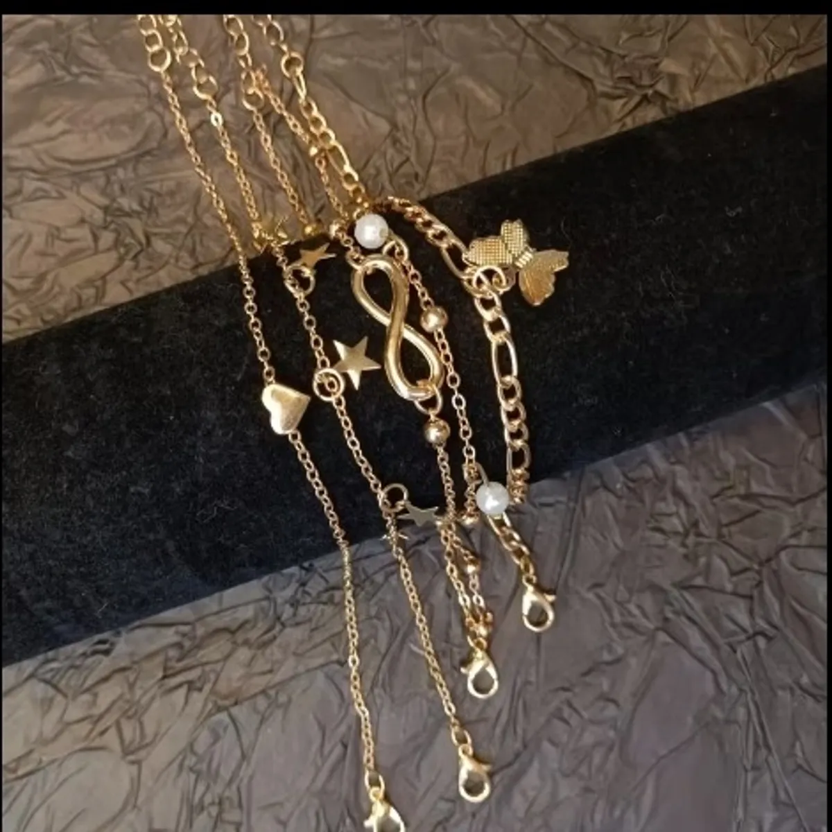 Women's Gold 4pcs Butterfly Five-Pointed Star Pearl Anklet Set