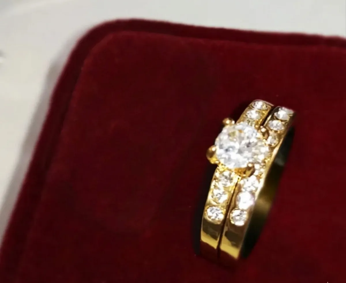 Gold Plated Brass Women's Engagement Wedding Ring Set With Lab Diamond - Size 6