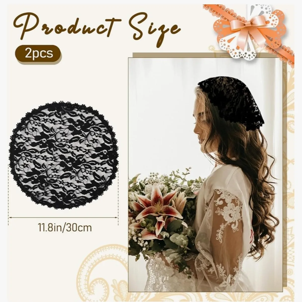 2 Pcs Black and white Lace Embroidery Chapel Cap Veils