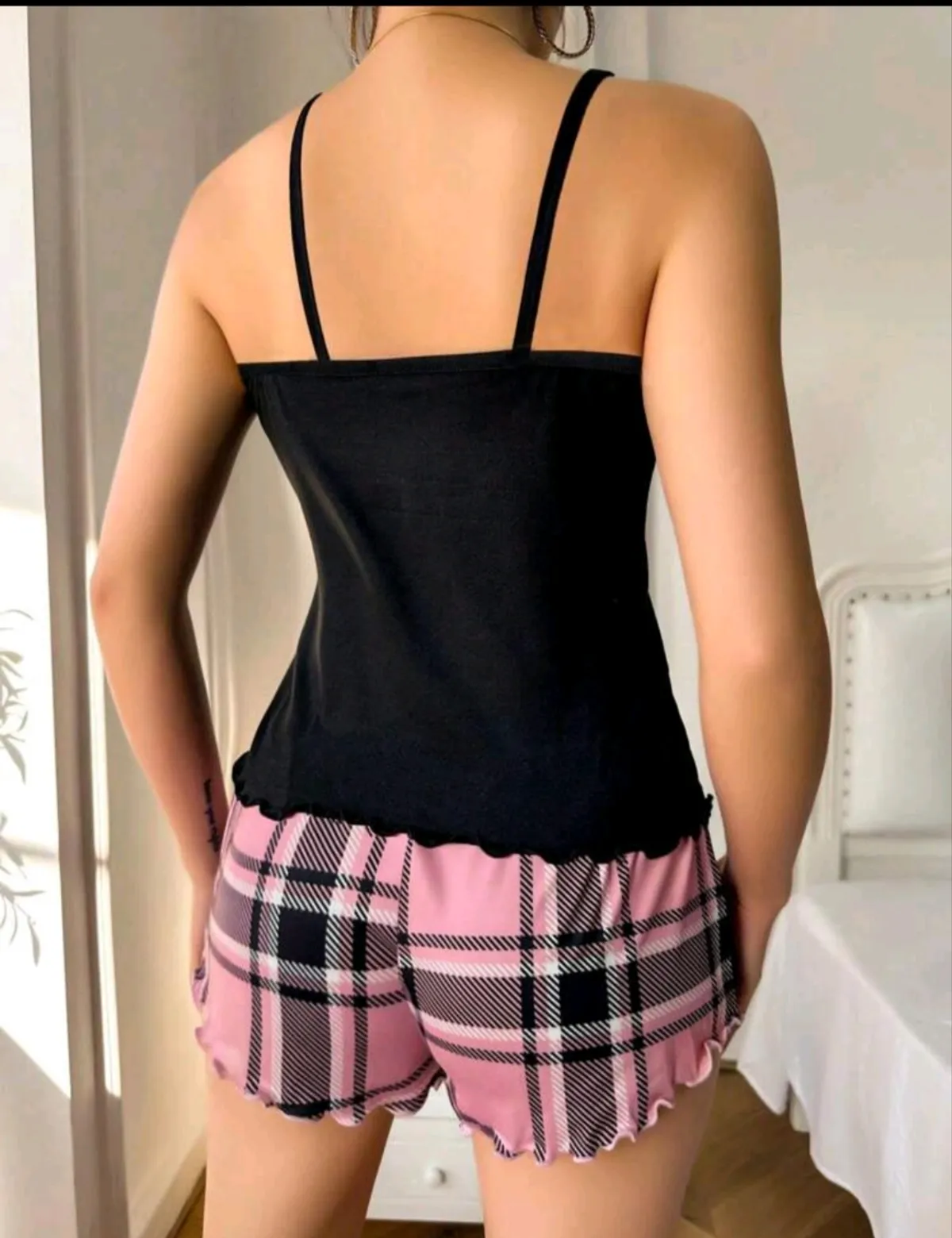 Ladies' Heart Shaped Plaid Printed Cami Top And Shorts Pajama Set -Size XL