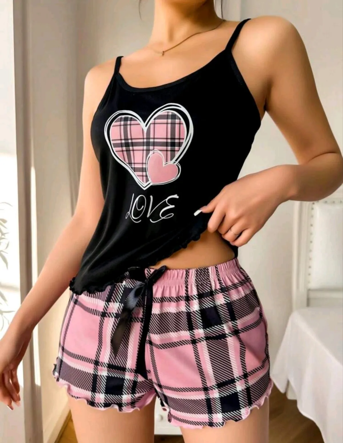 Ladies' Heart Shaped Plaid Printed Cami Top And Shorts Pajama Set -Size XL