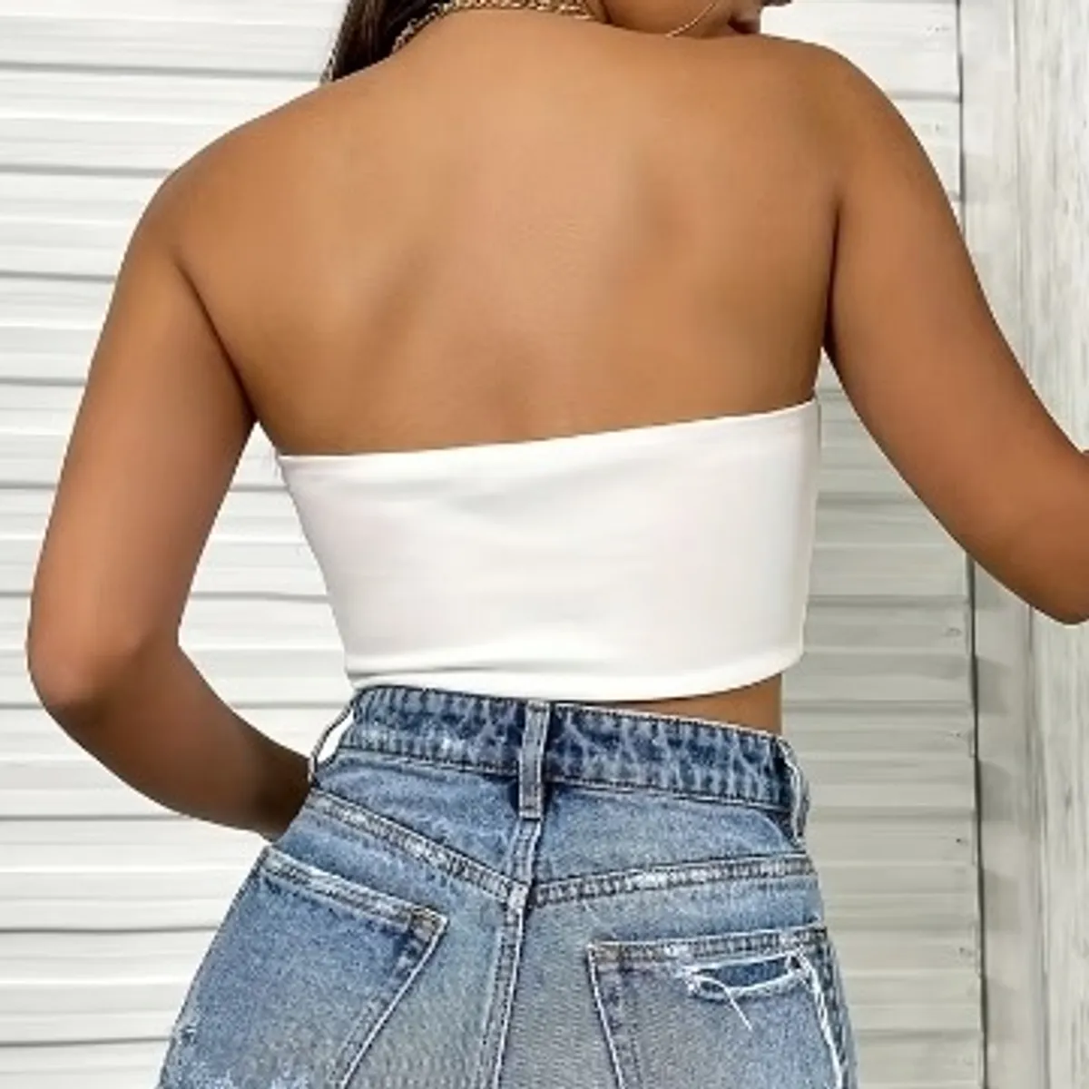 Women's White Chest Wrap Fishbone Backless Camisole-Size S
