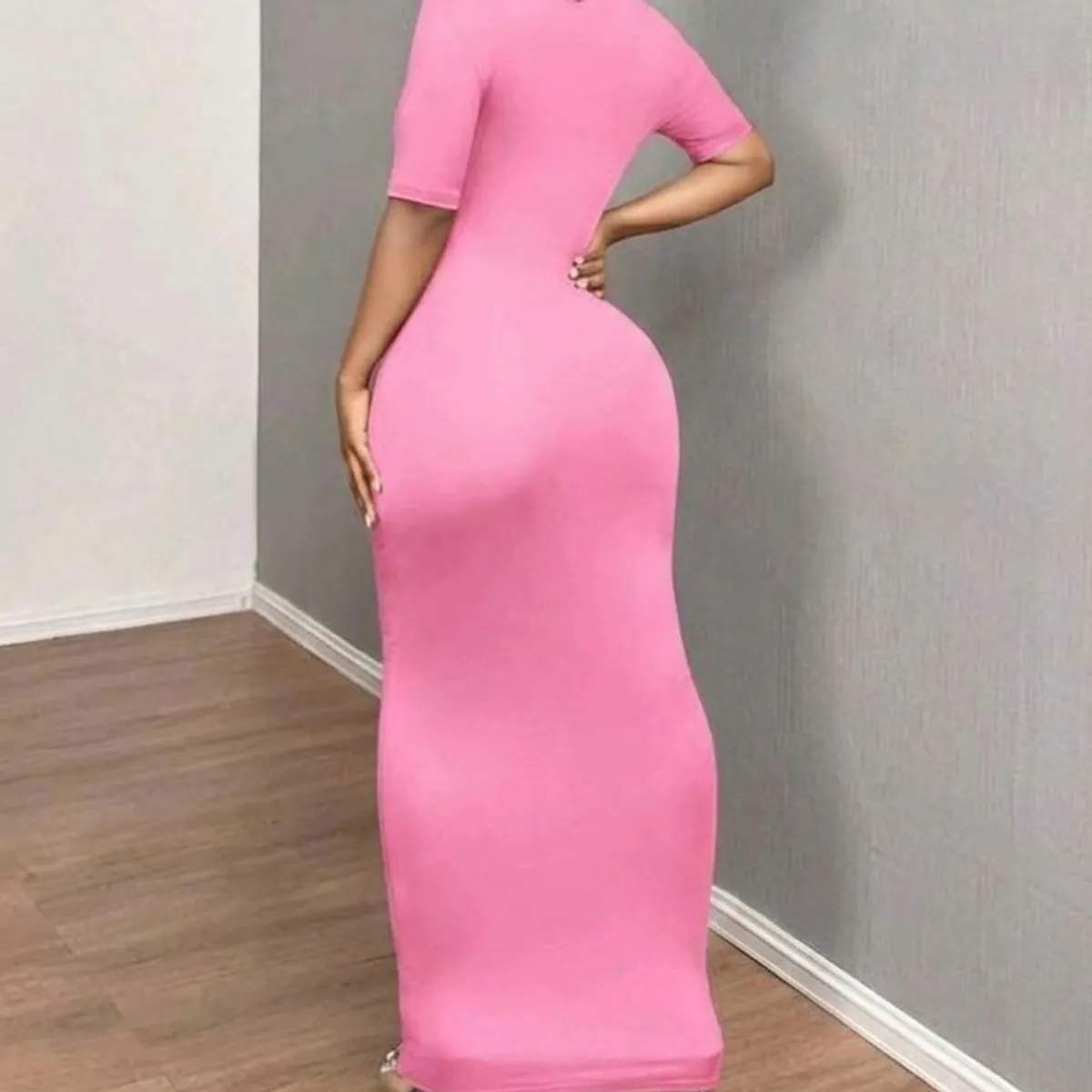 Women's  Pink V-Neck Bodycon Short Sleeve Dress-Size XS