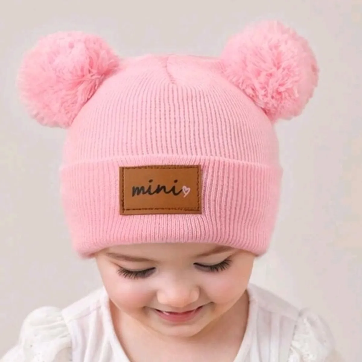 3pcs 1-3Y  Kids Black,Pink & Beige Beanie Hat
