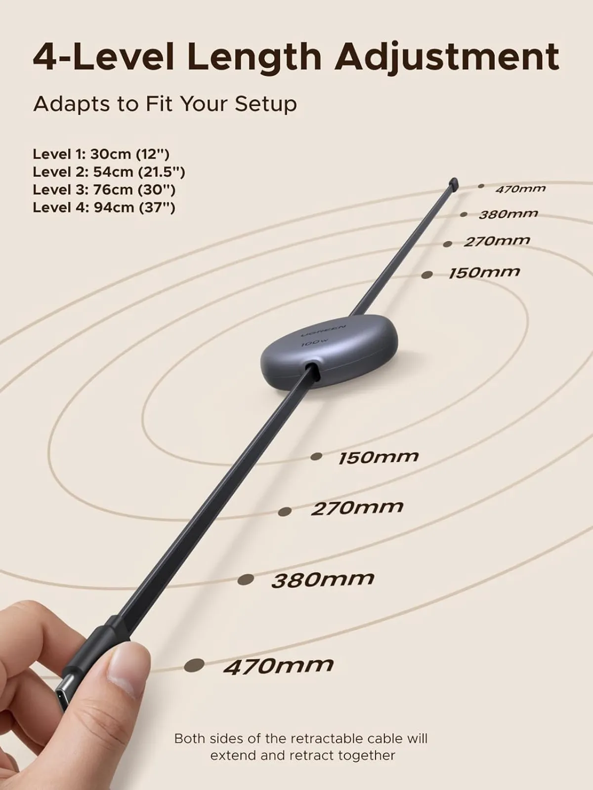 UGREEN 100W Nexode Retractable 3.3ft Type C Cable, Black