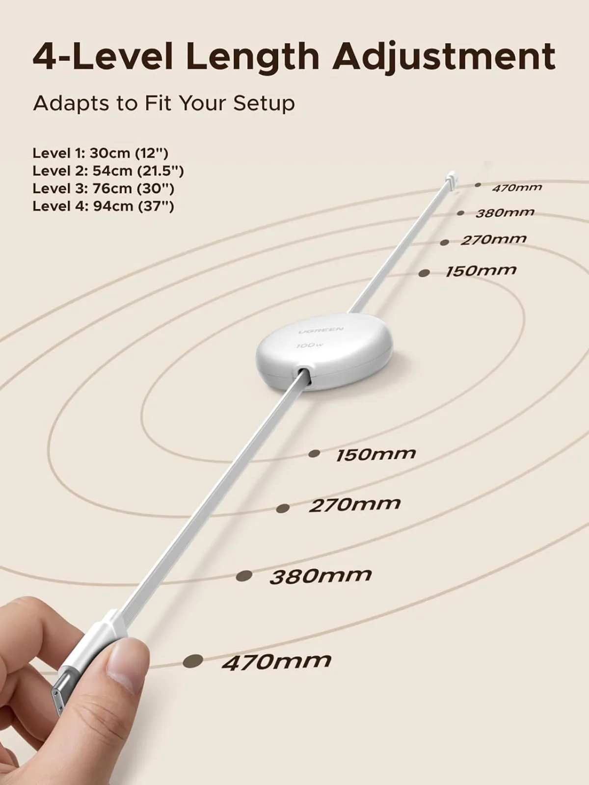 UGREEN 100W Nexode Retractable 3.3ft Type C Cable, White