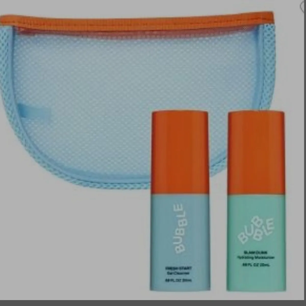 Bubble Skincare Mini Two-Step Routine set, featuring travel-sized cleanser and moisturize in a small transparent bag