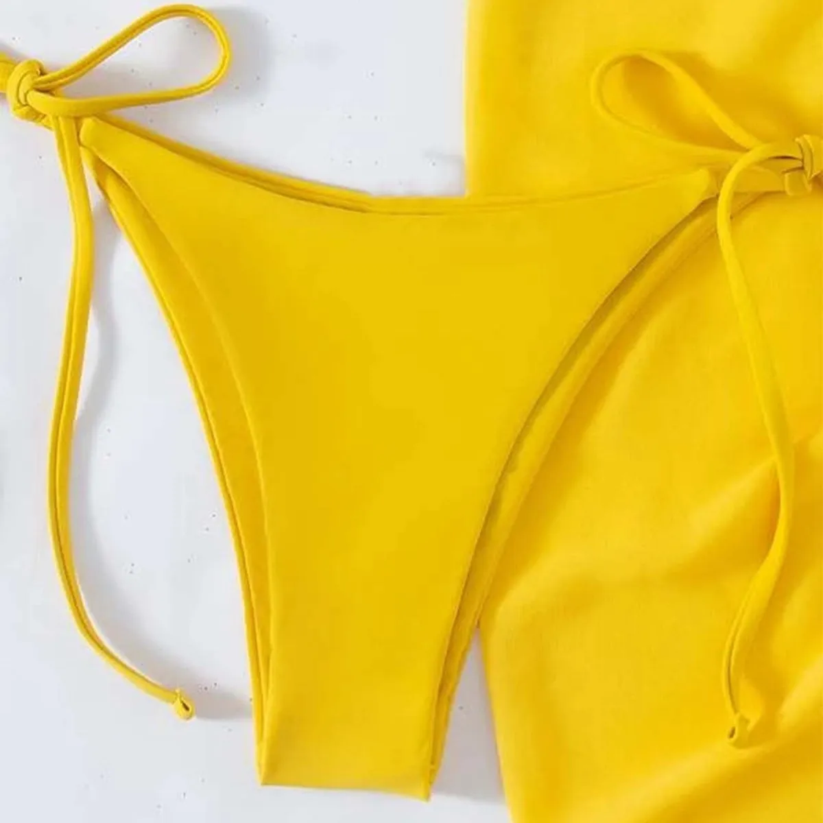 3 Pcs Bikini Set, Top With Skirted Bottoms, Yellow- Size M