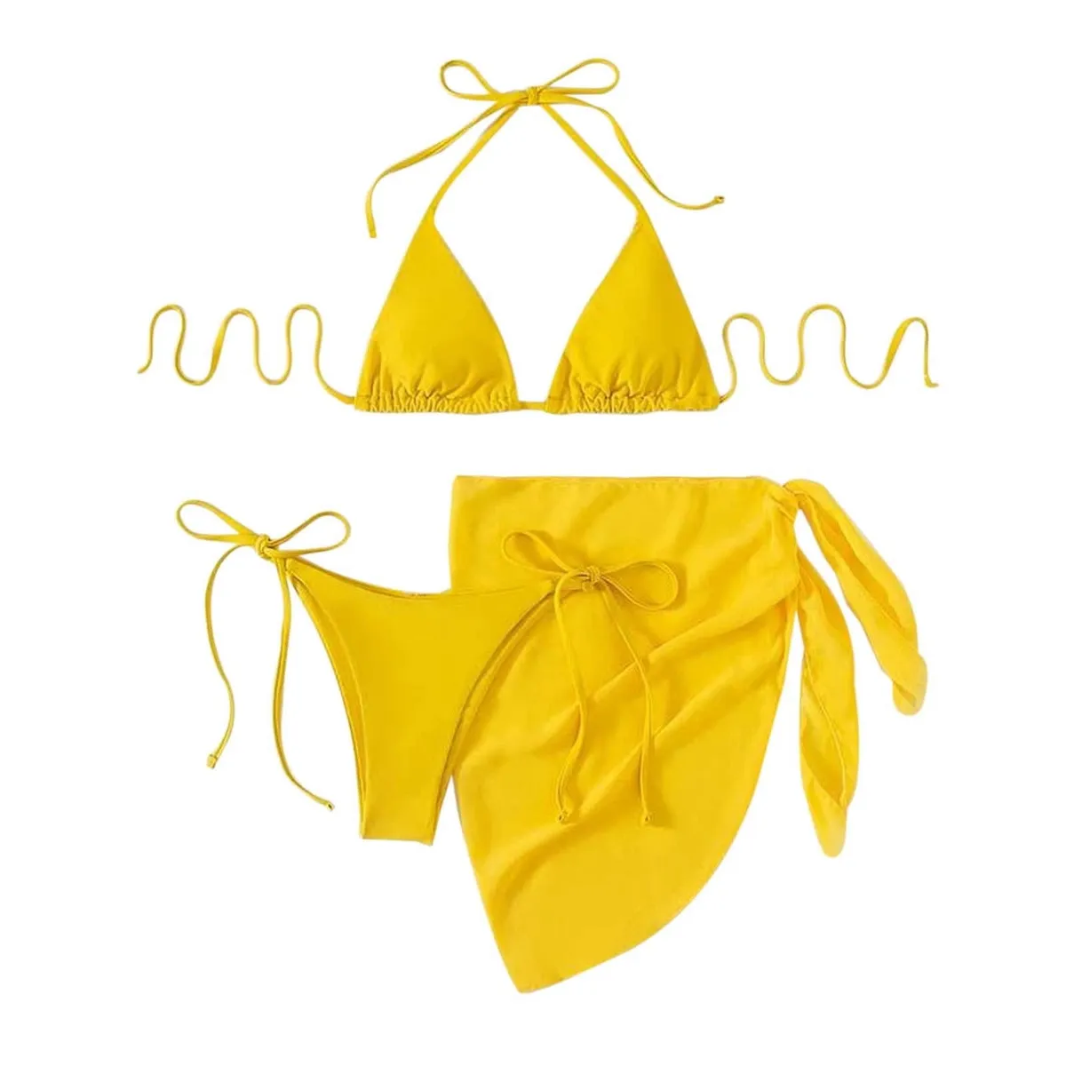 3 Pcs Bikini Set, Top With Skirted Bottoms, Yellow- Size M