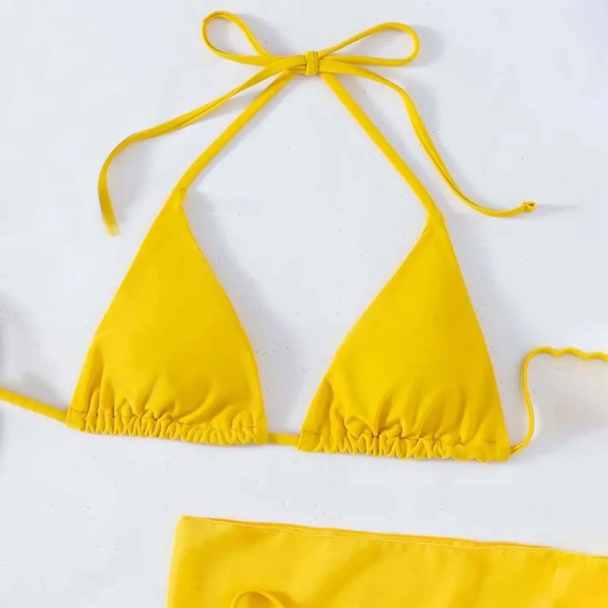 3 Pcs Bikini Set, Top With Skirted Bottoms, Yellow- Size M