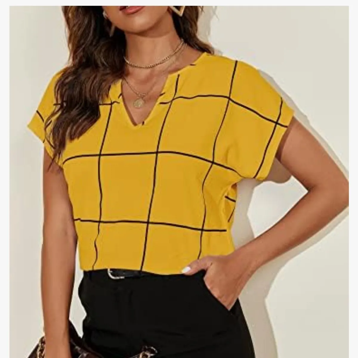 Women's Grid Print Dolman Sleeve Notched Neck Blouse Shirt Top Yellow - Size M
